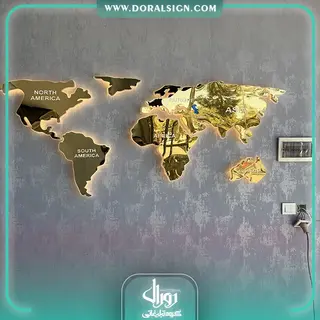 تابلو استیل طلایی نقشه جهان با نور مشاور املاک