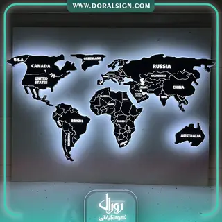 تابلو فلزی برجسته نقشه جهان با نور سفید / نام کشورها و مرزبندی