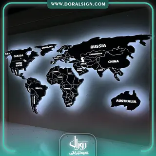 تابلو فلزی برجسته نقشه جهان با نور سفید / نام کشورها و مرزبندی