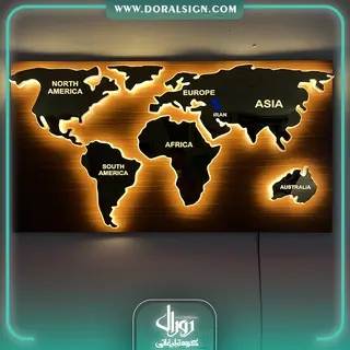 تابلو نقشه جهان استیل طلایی با نور دفتر بازرگانی