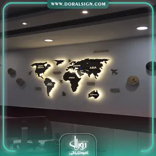تابلو نقشه جهان استیل طلایی با نور دفتر خدمات مسافرتی و هواپیمایی محمدزاده