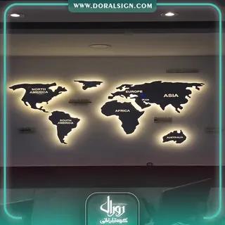 تابلو نقشه جهان استیل طلایی با نور دفتر خدمات مسافرتی و هواپیمایی محمدزاده