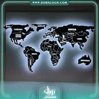 تابلو فلزی برجسته نقشه جهان با نور سفید / نام کشورها و مرزبندی