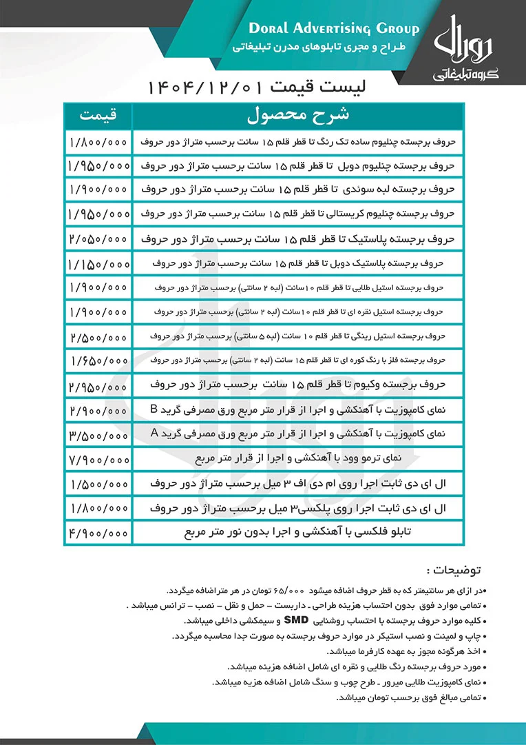 قیمت تابلوسازی در مشهد توسط دورال