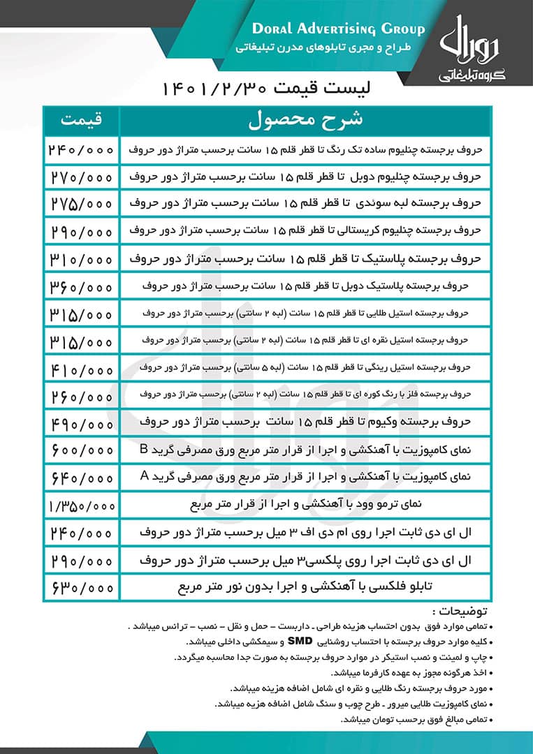 لیست قیمت تابلو تبلیغاتی مربوط به اردیبهشت 1401