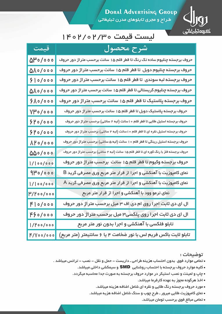 لیست قیمت تابلو خرداد